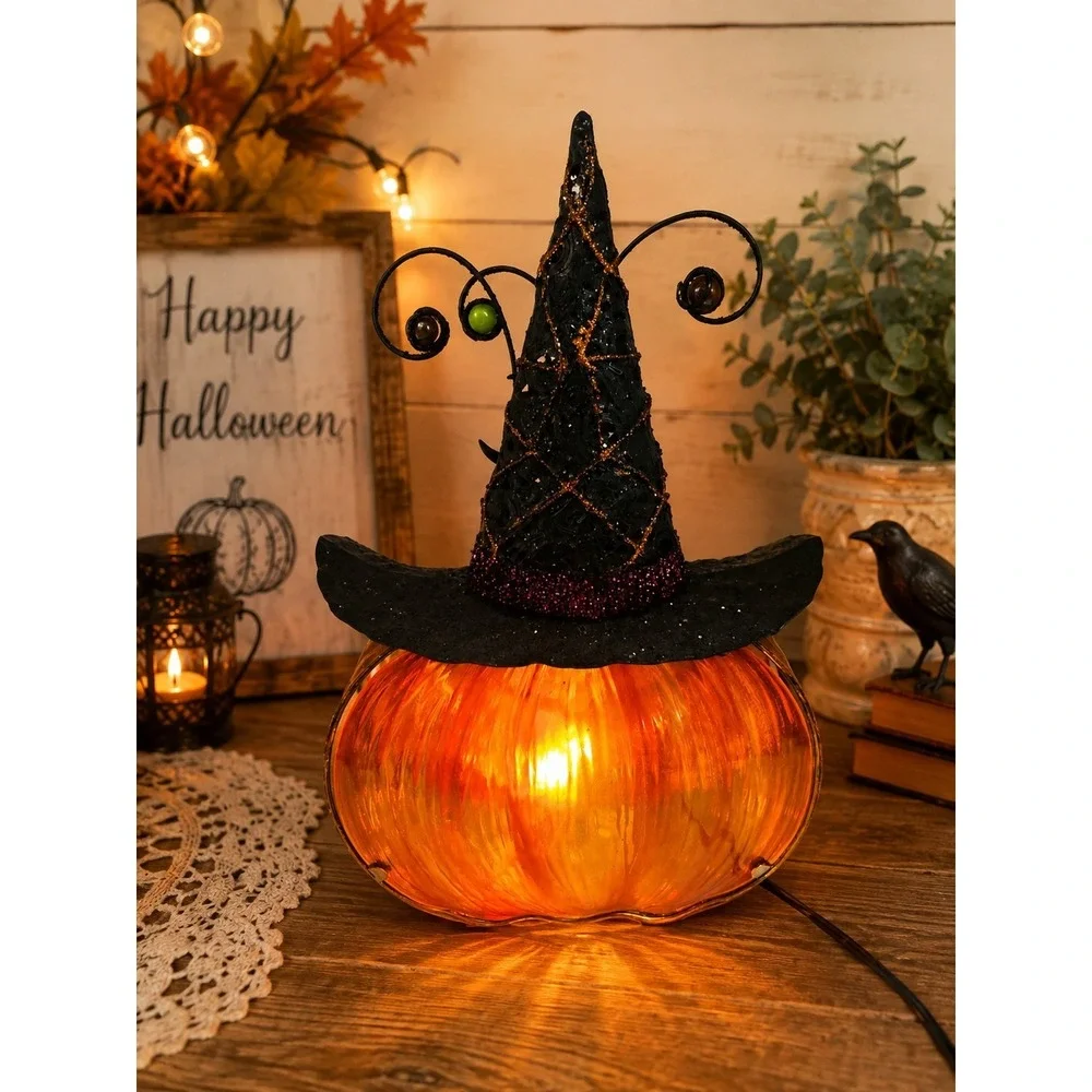 Vintage Style Jack O' Lantern Witch Hat Lighted Halloween Lamp Whimsigoth Decor